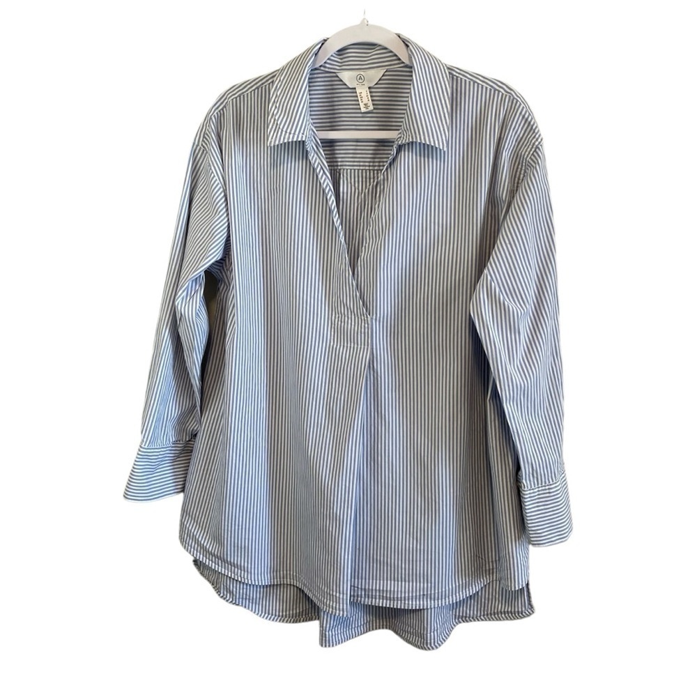 A MTL 1980 - Blue Stripe Cotton Popover Tunic Top - Size X